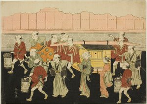 Die Braut reitet im Sänfte zum Haus ihres Mannes (Koshi-iri), das dritte Blatt der Serie "Ehe in Brokatdrucken, die Kutsche der tugendhaften Frau (Konrei nishiki misao-guruma)"