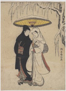 Junge Liebende spazieren zusammen unter einem Regenschirm im Schneesturm von Suzuki Harunobu