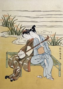 Das Shamisen: Paar spielt Shamisen (oder Samisen: Langhalslaute mit drei Saiten) - von Harunobou, in „Japan artistique“, Juli 1890