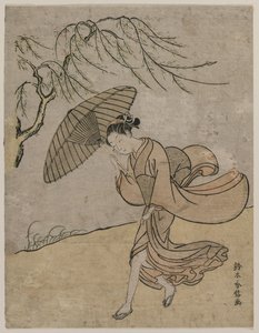 Frau läuft an einem Weidenbaum im Wind vorbei von Suzuki Harunobu