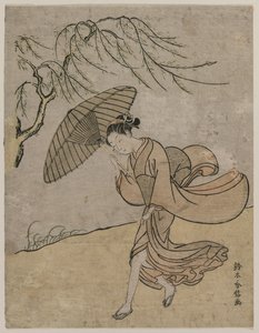 Frau läuft an einer Weide im Wind vorbei, 1766 oder 1767 von Suzuki Harunobu