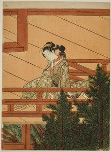 Junge Frau, die auf dem Balkon des Kiyomizu-Tempels sitzt von Suzuki Harunobu