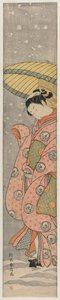 Junge Frau unter einem Regenschirm im Schnee, 1767-1768 von Suzuki Harunobu