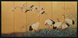 Sechsteilige Paravent, der Schilf und Kraniche darstellt, Edo-Periode, japanisch, 19. Jahrhundert