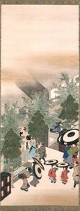 Yoshiwara und Shinagawa, Edo-Zeit (Tinte, Farbe & Gold auf Seide) von Suzuki Kiitsu