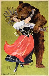 Postkarte aus Bern, die eine Frau und einen Bären zeigt, ca. 1900