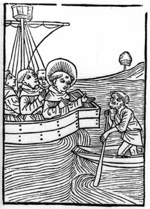 Die Legende von Sankt Brendan (Brandan), Held und irischer Heiliger des 6. Jahrhunderts: Brüder treffen einen Zwerg am Ende der Welt. Gravur aus „Die Wunderbare Meerfahrt des Hl. Brandan.“ Basel