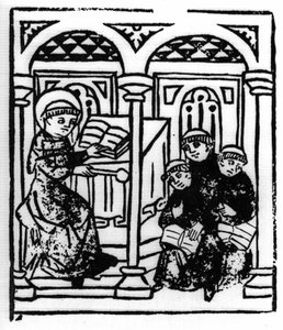 Die Legende des Heiligen Brendan (Brandan), Held und irischer Heiliger des 6. Jahrhunderts. Der Heilige erzählt seinen Mitbrüdern im Kloster die Wunder des Meeres. Gravur aus „Die Wunderbare Meerfahrt des Hl. Brandan“ Basel
