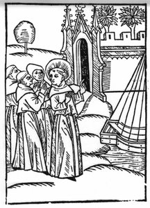 Die Legende von Sankt Brendan (Brandan), Held und irischer Heiliger des 6. Jahrhunderts. Die Mönche und Sankt Brendan entdecken das irdische Paradies. Gravur aus „Die Wunderbare Meerfahrt des Hl. Brandan“. Basel von Swiss School
