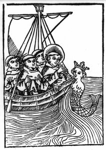 Die Legende von Saint Brendan (Brandan), Held und irischer Heiliger des 6. Jahrhunderts. Das Treffen von Saint Brendan mit der Sirene. Gravur aus "Die Wunderbare Meerfahrt des Hl. Brandan" von Swiss School
