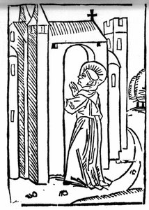 Die Legende von Sankt Brendan (Brandan), Held und irischer Heiliger des 6. Jahrhunderts. Die Rückkehr des Heiligen in sein Kloster. Gravur aus „Die Wunderbare Meerfahrt des Hl. Brandan“. Basel