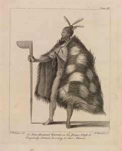 Ein neuseeländischer Krieger in seiner richtigen Kleidung und vollständig bewaffnet nach ihrer Art von Sydney (after) Parkinson