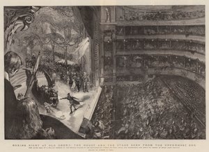 Boxnacht im Old Drury, das Haus und die Bühne vom obersten Balkon aus gesehen von Sydney Prior Hall
