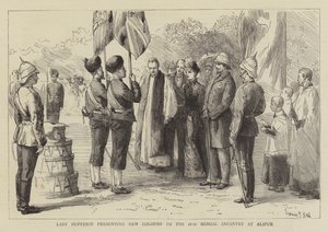 Lady Dufferin überreicht neue Farben an die 18. Bengalische Infanterie in Alipur von Sydney Prior Hall