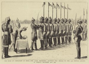 Der Herzog von Connaught in Indien, der Herzog überreicht ägyptische Kriegsmedaillen an die 13. Bengal Lancers in Meerut, 19. Dezember 1883