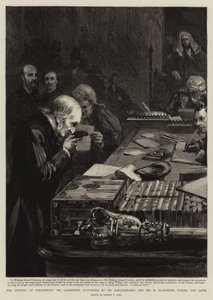 Die Eröffnung des Parlaments, Mr. Gladstone, unterstützt von Mr. Marjoribanks und Mr. H. Gladstone, leistet den Eid