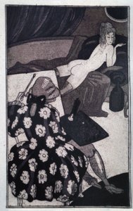 Erotik: Giacomo Casanova (1725-1798) porträtiert seine langgestreckte Geliebte nackt auf einem Sofa (Radierung)