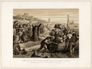 Abreise der Pilgerväter aus Delft Haven, Juli 1620, 19. Jahrhundert von T Bauer