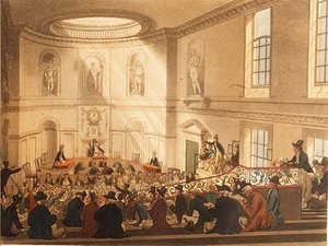India House, der Verkaufsraum, veröffentlicht von Ackermann von T. and Pugin A.C. Rowlandson