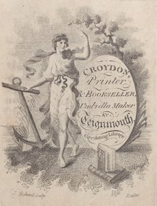 Handelskarte für Croydon, Drucker, Buchhändler und Schirmmacher, 19. Jahrhundert