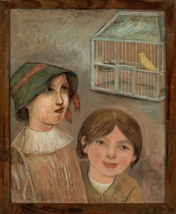 Zwei Mädchen unter einem Käfig mit einem Kanarienvogel von Tadeusz Makowski
