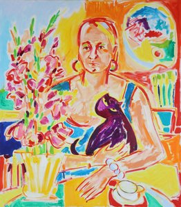 Selbstporträt mit einer violetten Katze nach Max Beckmann