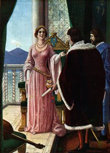 Königin Johanna II. von Neapel (Giovanna di Napoli oder Anjou Durazzo) (1373-1435) ernennt ihren Adoptivsohn Ludwig III. von Anjou (1403-1434) (Königin Johanna II. von Neapel wählt Ludwig III. zum König von Neapel) Illustration von Tancredi Scarpelli (1866 von Tancredi Scarpelli