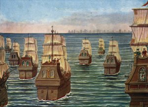 Die Schlacht von Cannanor fand im März 1506 vor dem Hafen von Cannanore in Indien statt, zwischen der indischen Flotte des Samorin von Calicut und einer portugiesischen Flotte unter Lourenco de Almeida, dem Sohn des Vizekönigs Almeida) Illustration von Tan
