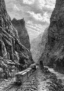 Ein Zug, der durch die Rocky Mountains fährt, USA, 19. Jahrhundert