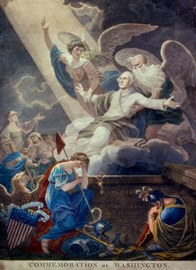 Farbstich von Ruhm für George Washington, der von Zeit und Unsterblichkeit in den Himmel gehoben wird, in Philadelphia graviert, ca. 1799