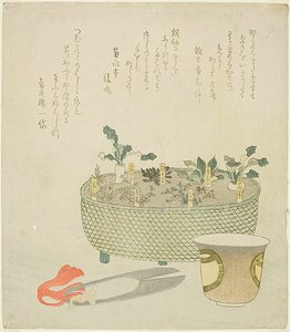 Die sieben Kräuter (Nanakusa), mit Schere und Teetasse von Teisai Hokuba