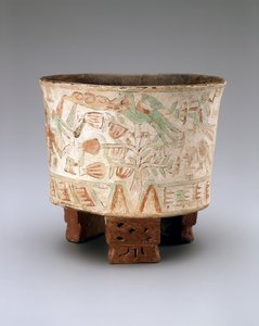 Dreifußvase mit zwei Blasrohrschützen und Quetzalvögeln in Kakaobäumen, Spät-Xolalpan, 550-650 von Teotihuacan Teotihuacan
