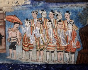 Eine Gruppe von Thai Yai (Shan) Männern, Detail der Wandmalereien von Viharn Laikam, die die Sang Thong Geschichten darstellen von Thai School