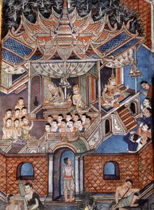 Detail der Wandmalereien von Viharn Laikam, die die Sang Thong Geschichten darstellen von Thai School