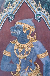 Wandgemälde mit Szenen aus dem Ramayana im Wat Phra Kaeo, dem Königlichen Großen Palast, Bangkok, Thailand