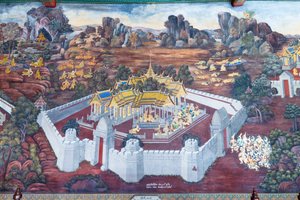 Wandgemälde mit Szenen aus dem Ramayana im Wat Phra Kaeo, dem Königlichen Großen Palast, Bangkok, Thailand von Thai School