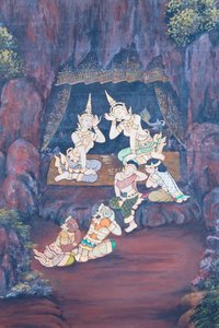 Wandgemälde mit Szenen aus dem Ramayana im Wat Phra Kaeo, dem Königspalast, Bangkok, Thailand von Thai School