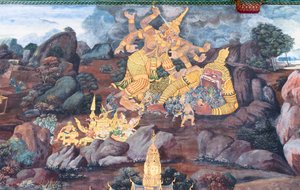 Wandgemälde mit Szenen aus dem Ramayana im Wat Phra Kaeo, dem Königlichen Großen Palast, Bangkok, Thailand von Thai School