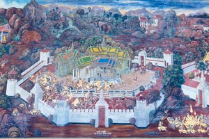 Wandmalerei, die Szenen aus dem Ramayana im Wat Phra Kaeo, dem Königlichen Großen Palast, Bangkok, Thailand, darstellt