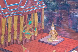 Wandgemälde mit Szenen aus dem Ramayana im Wat Phra Kaeo, Königspalast, Bangkok, Thailand von Thai School