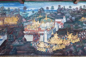 Wandgemälde mit Szenen aus dem Ramayana im Wat Phra Kaeo, dem Königlichen Großen Palast, Bangkok, Thailand