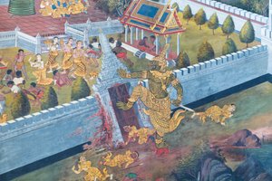 Wandgemälde mit Szenen aus dem Ramayana im Wat Phra Kaeo, dem Königlichen Großen Palast, Bangkok, Thailand von Thai School