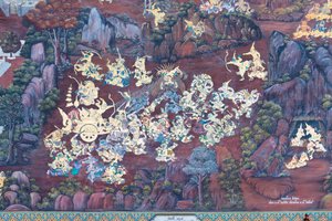Wandgemälde mit Szenen aus dem Ramayana im Wat Phra Kaeo, dem Königlichen Großen Palast, Bangkok, Thailand von Thai School