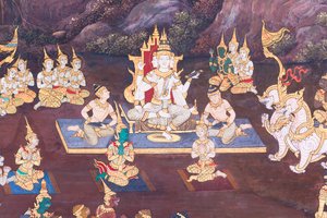 Wandgemälde mit Szenen aus dem Ramayana im Wat Phra Kaeo, dem Königlichen Großen Palast, Bangkok, Thailand von Thai School