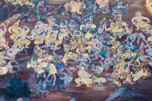 Wandgemälde mit Szenen aus dem Ramayana im Wat Phra Kaeo, dem Königlichen Großen Palast, Bangkok, Thailand
