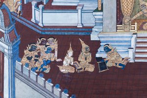 Wandgemälde mit Szenen aus dem Ramayana im Wat Phra Kaeo, dem Königlichen Großen Palast, Bangkok, Thailand von Thai School