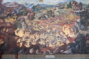 Wandgemälde mit Szenen aus dem Ramakian im Wat Phra Kaeo, dem Königlichen Großen Palast, Bangkok, Thailand von Thai School