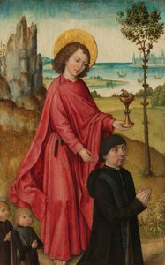 Ein Stifter und seine zwei Söhne mit dem heiligen Johannes dem Evangelisten, innerer linker Flügel eines Triptychons von The (Bruges) Master of the Legend of Saint Ursula (workshop of)