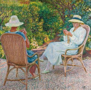 Maria und Elisabeth van Rysselberghe stricken im Garten, ca. 1912