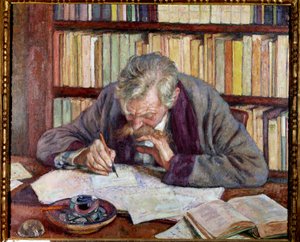 Porträt des belgischen Dichters Emile Verhaeren an seinem Schreibtisch